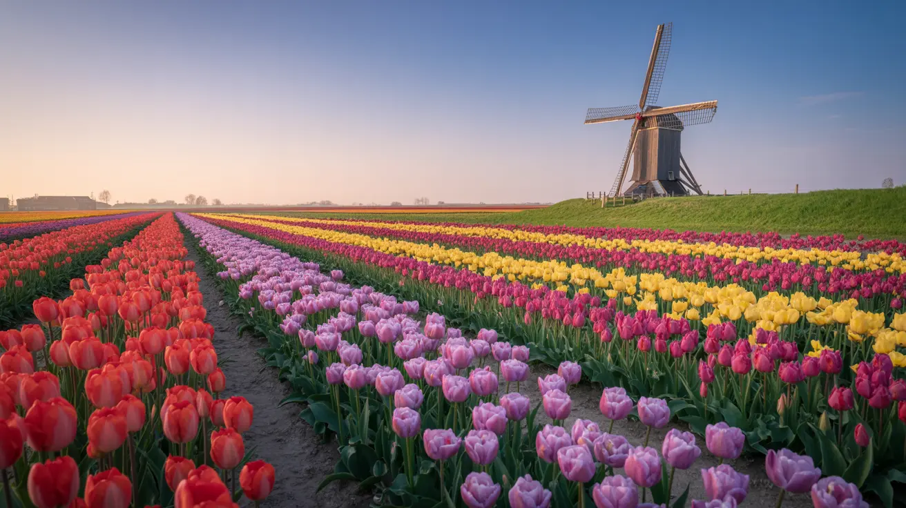 A vibrant tulip field in full bloom with rows of red, pink, purple, and yellow tulips stretching into the distance, set against a clear blue sky. A traditional Dutch windmill stands prominently on a grassy hill to the right, capturing the essence of a serene spring morning in the Netherlands.